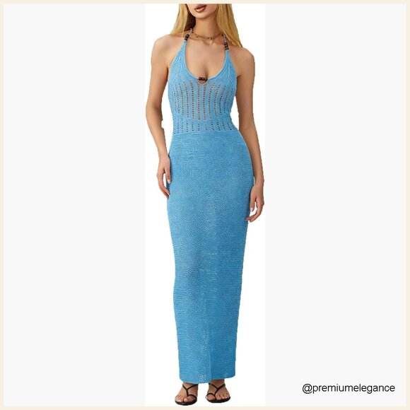 Dresses & Skirts - Backless Halter Mini Dress Knit Crochet Cutout Bodycon Summer Party Beach